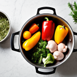 **Prompt:** A minimalist, modern kitchen scene focusing on a single, clean stainless steel pot or a stylish Dutch oven on a stovetop. Surrounding the pot, an array of fresh, vibrant, uncooked ingredients like colorful vegetables (bell peppers, carrots, broccoli florets), raw chicken pieces, and fragrant herbs (rosemary, thyme) are artfully arranged, some appearing to be in motion, subtly falling into the pot. The lighting is soft and inviting, emphasizing ease, simplicity, and the harmonious coming together of components, with no visible mess.