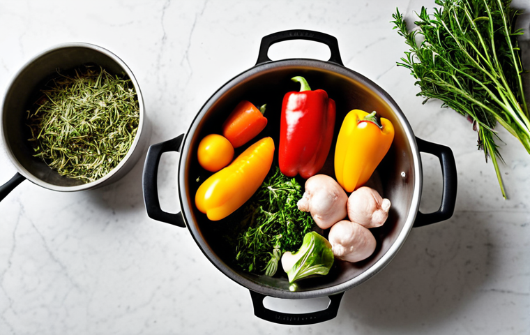 **Prompt:** A minimalist, modern kitchen scene focusing on a single, clean stainless steel pot or a stylish Dutch oven on a stovetop. Surrounding the pot, an array of fresh, vibrant, uncooked ingredients like colorful vegetables (bell peppers, carrots, broccoli florets), raw chicken pieces, and fragrant herbs (rosemary, thyme) are artfully arranged, some appearing to be in motion, subtly falling into the pot. The lighting is soft and inviting, emphasizing ease, simplicity, and the harmonious coming together of components, with no visible mess.