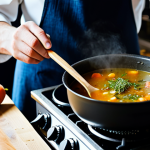 A professional close-up shot of a steaming, rich one-pot soup bubbling gently in a rustic cast-iron pot on a modern kitchen stovetop. A chef's hand, fully clothed in a modest, clean apron and long-sleeved shirt, is gently stirring the soup with a wooden spoon. The kitchen background is clean and organized, emphasizing efficiency and ease. The scene radiates warmth and comfort, evoking a cozy, home-cooked meal on a cold Russian evening. The soup features visible, well-cooked vegetables like carrots, potatoes, and fresh herbs, creating an inviting aroma. Perfect anatomy, correct proportions, well-formed hands, proper finger count, natural pose. Professional photography, high quality, studio lighting, depth of field, safe for work, appropriate content, fully clothed, professional dress, family-friendly.