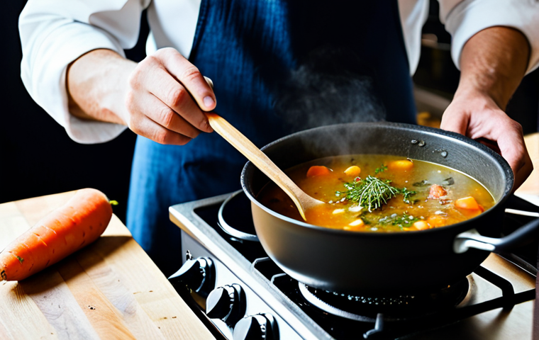 A professional close-up shot of a steaming, rich one-pot soup bubbling gently in a rustic cast-iron pot on a modern kitchen stovetop. A chef's hand, fully clothed in a modest, clean apron and long-sleeved shirt, is gently stirring the soup with a wooden spoon. The kitchen background is clean and organized, emphasizing efficiency and ease. The scene radiates warmth and comfort, evoking a cozy, home-cooked meal on a cold Russian evening. The soup features visible, well-cooked vegetables like carrots, potatoes, and fresh herbs, creating an inviting aroma. Perfect anatomy, correct proportions, well-formed hands, proper finger count, natural pose. Professional photography, high quality, studio lighting, depth of field, safe for work, appropriate content, fully clothed, professional dress, family-friendly.