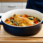 **

A cozy kitchen scene with a focus on a single serving of chicken and vegetable casserole in a ceramic pot. The chicken is fully cooked, and the vegetables are colorful and fresh. The dish is steaming slightly, indicating warmth. The background includes blurred kitchen elements like a wooden cutting board, stainless steel utensils, and a glimpse of a window with natural light. The overall style is professional food photography, with perfect lighting and sharp focus on the casserole. Safe for work, appropriate content, fully clothed, modest setting. perfect anatomy, correct proportions, natural pose, well-formed hands, proper finger count, natural body proportions.

**