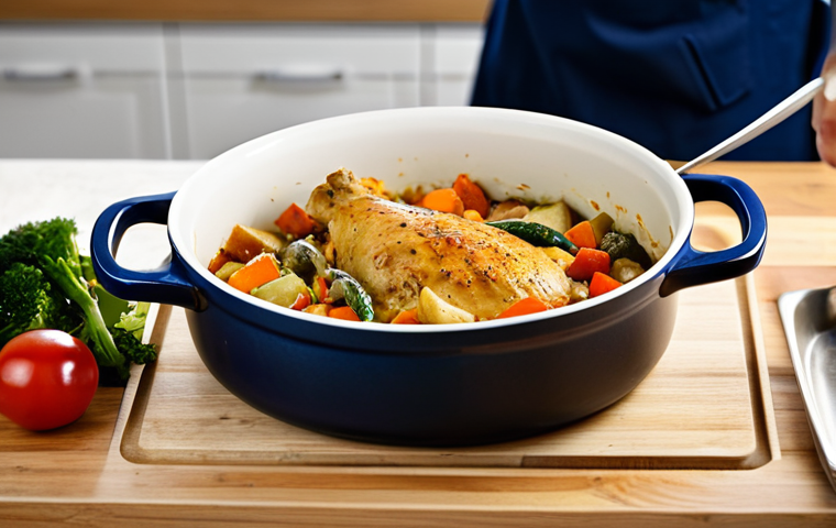 **

A cozy kitchen scene with a focus on a single serving of chicken and vegetable casserole in a ceramic pot. The chicken is fully cooked, and the vegetables are colorful and fresh. The dish is steaming slightly, indicating warmth. The background includes blurred kitchen elements like a wooden cutting board, stainless steel utensils, and a glimpse of a window with natural light. The overall style is professional food photography, with perfect lighting and sharp focus on the casserole. Safe for work, appropriate content, fully clothed, modest setting. perfect anatomy, correct proportions, natural pose, well-formed hands, proper finger count, natural body proportions.

**