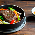 **

"A neatly arranged one-pot Pulgogi dish on a rustic wooden table. Thinly sliced beef (ribeye), vibrant vegetables (onions, carrots, bell peppers, mushrooms, green onions, cabbage) are visible. The dish is glistening with a savory-sweet sauce. Safe for work, appropriate content, fully clothed ingredients, professional food photography, high quality, perfect composition, natural lighting."

**