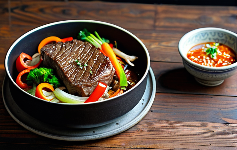 **

"A neatly arranged one-pot Pulgogi dish on a rustic wooden table. Thinly sliced beef (ribeye), vibrant vegetables (onions, carrots, bell peppers, mushrooms, green onions, cabbage) are visible. The dish is glistening with a savory-sweet sauce. Safe for work, appropriate content, fully clothed ingredients, professional food photography, high quality, perfect composition, natural lighting."

**