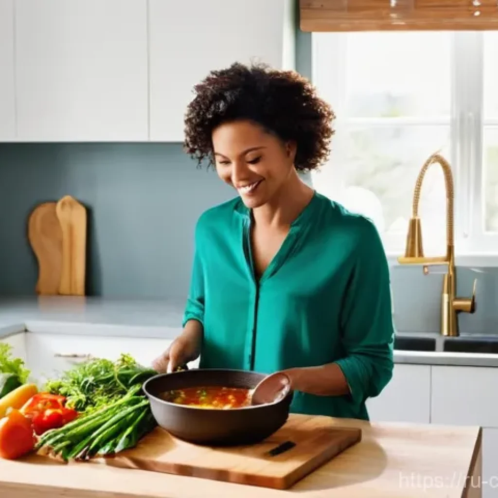 원팟 요리의 경제적인 장점 - **Prompt:** A cozy, modern kitchen with warm lighting. A casually dressed woman in her late 30s, wit...
