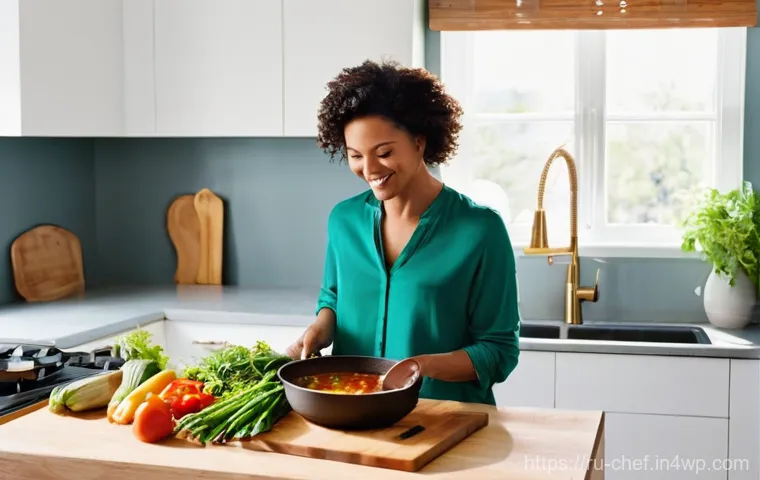 원팟 요리의 경제적인 장점 - **Prompt:** A cozy, modern kitchen with warm lighting. A casually dressed woman in her late 30s, wit...