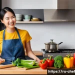 Home 21 원팟 요리로 만드는 중식 레시피 - **Prompt:** "A brightly lit kitchen scene. A young woman in an apron is smiling as she stirs noodles...