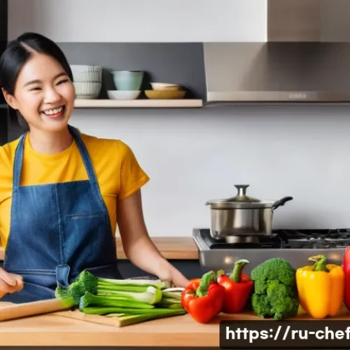 Home 33 원팟 요리로 만드는 중식 레시피 - **Prompt:** "A brightly lit kitchen scene. A young woman in an apron is smiling as she stirs noodles...