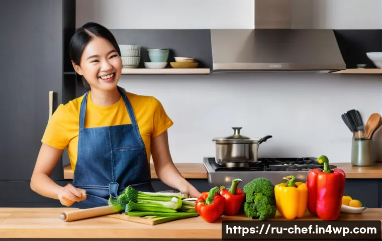 원팟 요리로 만드는 중식 레시피 - **Prompt:** "A brightly lit kitchen scene. A young woman in an apron is smiling as she stirs noodles...