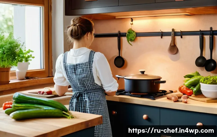 원팟 요리의 인기 레시피 리스트 - **A cozy kitchen scene. A warm, inviting image of a woman in her 30s with a friendly smile, wearing ...