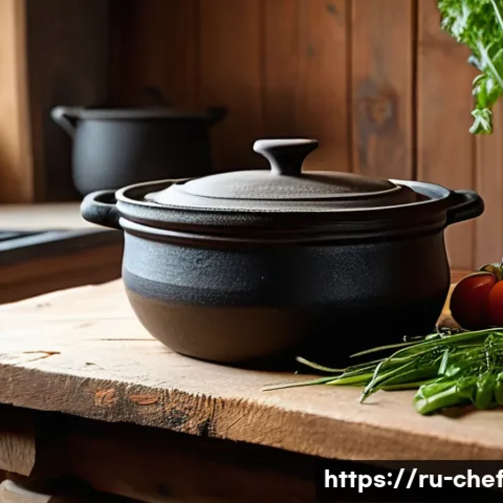원팟 요리의 인기 있는 조리기구 - A rustic kitchen scene showcasing a heavy cast iron pot with a thick lid on a wooden stove, surround...