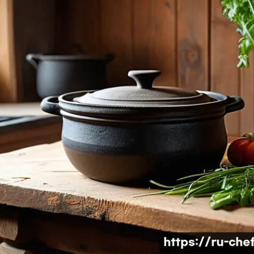 Home 31 원팟 요리의 인기 있는 조리기구 - A rustic kitchen scene showcasing a heavy cast iron pot with a thick lid on a wooden stove, surround...