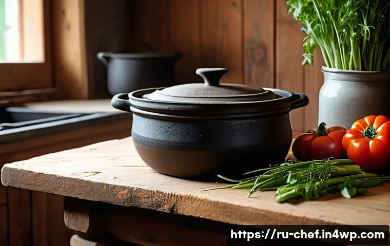 원팟 요리의 인기 있는 조리기구 - A rustic kitchen scene showcasing a heavy cast iron pot with a thick lid on a wooden stove, surround...