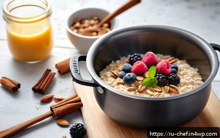 원팟 요리로 만드는 간편한 아침식사 - A cozy morning kitchen scene featuring a medium-sized stainless steel pot on a stove, filled with cr...