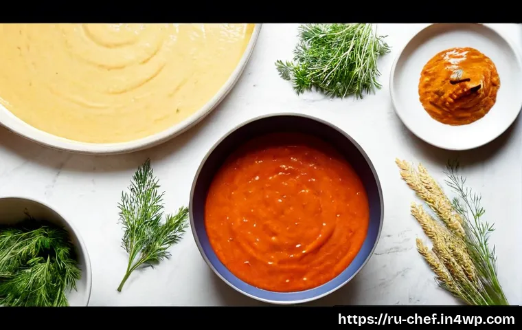 Home 17 원팟 요리를 위한 소스와 양념 조합 - Photorealistic overhead view of a bright home kitchen counter arranged for one-pot cooking, a large ...